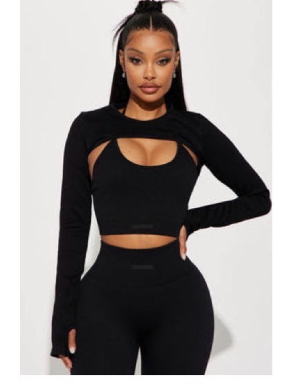 Fashion Nova Black Cutout Long Sleeve Sports Bra Crop Top